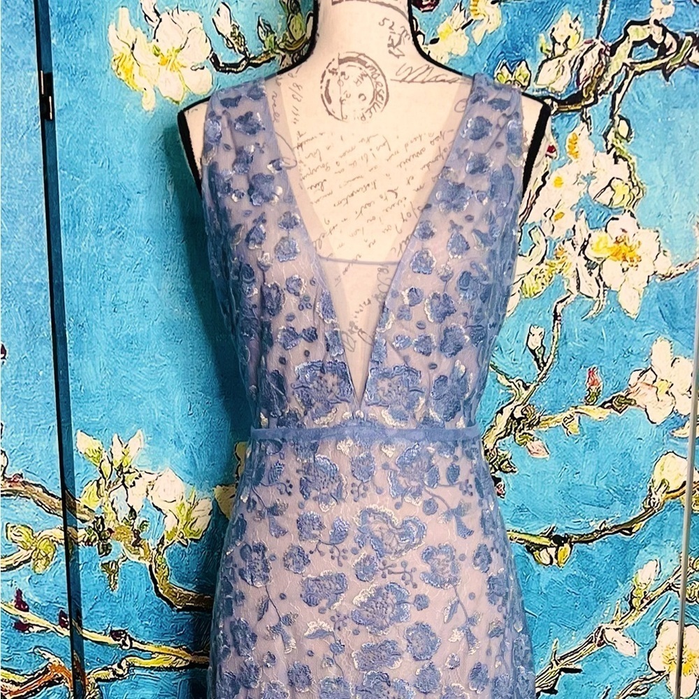 Whimsical, triple layered, violet/blue floral embellished, evening gown. - Picture 7 of 11